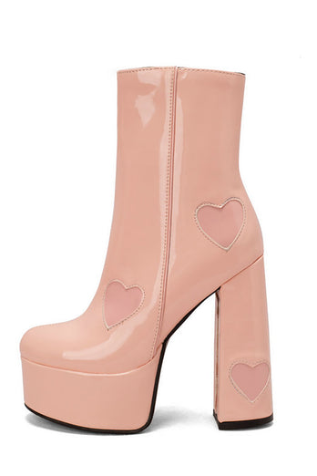 Svart PU Läder Platform Chunky Block High Heel stövlar med rosa hjärtan