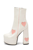 Svart PU Läder Platform Chunky Block High Heel stövlar med rosa hjärtan
