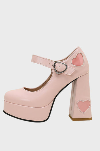 Svart PU Läder Platform Block Heel Mary Jean Skor