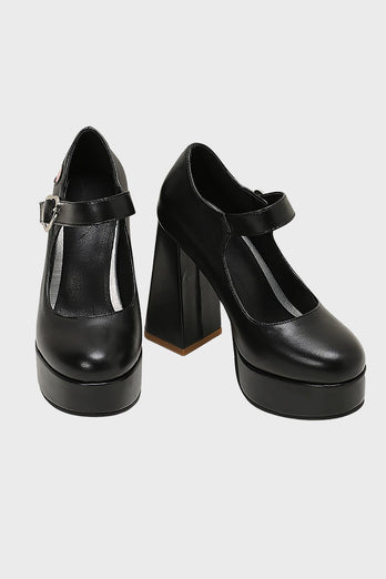 Svart PU Läder Platform Block Heel Mary Jean Skor