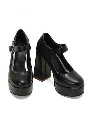 Svart PU Läder Platform Block Heel Mary Jean Skor