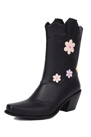 Svart Mid Calf Chunky Heel Cowgirl Stövlar