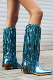 Kvinnors Blå Fringe Metallic Spetsig Tå Chunky Heel Mid Calf Stövlar