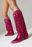 Kvinnors Blå Fringe Metallic Spetsig Tå Chunky Heel Mid Calf Stövlar