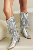 Kvinnors Blå Fringe Metallic Spetsig Tå Chunky Heel Mid Calf Stövlar