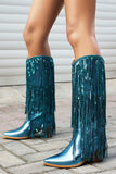 Kvinnors Blå Fringe Metallic Spetsig Tå Chunky Heel Mid Calf Stövlar