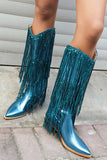 Kvinnors Blå Fringe Metallic Spetsig Tå Chunky Heel Mid Calf Stövlar