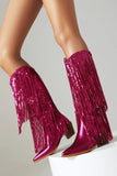Kvinnors Blå Fringe Metallic Spetsig Tå Chunky Heel Mid Calf Stövlar