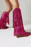 Kvinnors Blå Fringe Metallic Spetsig Tå Chunky Heel Mid Calf Stövlar