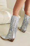 Kvinnors Blå Fringe Metallic Spetsig Tå Chunky Heel Mid Calf Stövlar