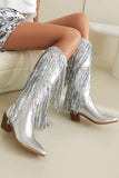 Kvinnors Blå Fringe Metallic Spetsig Tå Chunky Heel Mid Calf Stövlar
