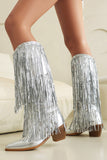 Kvinnors Blå Fringe Metallic Spetsig Tå Chunky Heel Mid Calf Stövlar