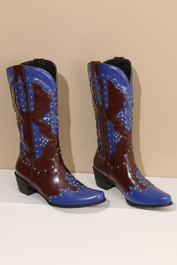 Kvinnors broderade blå spetsig tå kalv hög cowgirl stövlar