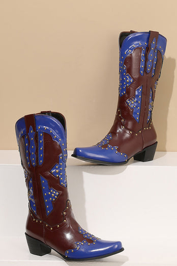 Kvinnors broderade blå spetsig tå kalv hög cowgirl stövlar