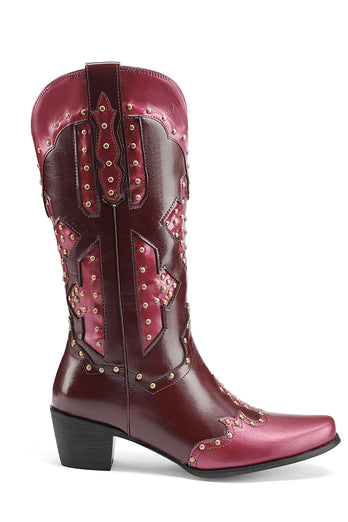 Kvinnors broderade blå spetsig tå kalv hög cowgirl stövlar