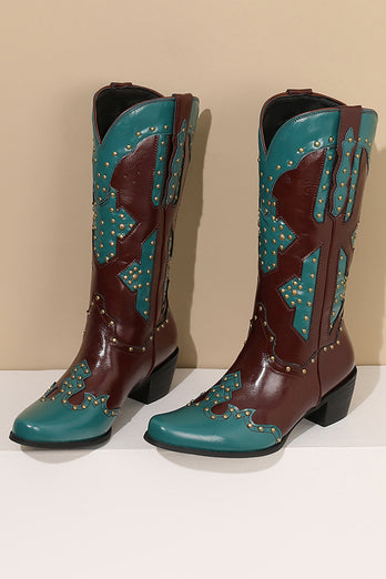 Kvinnors broderade blå spetsig tå kalv hög cowgirl stövlar