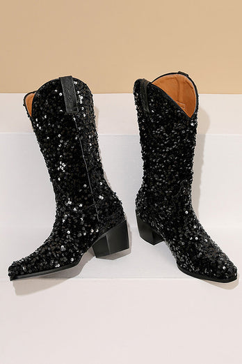 Glitter Svart Mid Calf Paljetter Snip Toe Chunky Heeled Stövlar