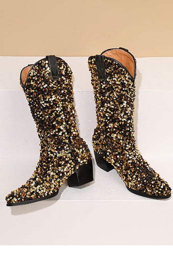 Glitter Svart Mid Calf Paljetter Snip Toe Chunky Heeled Stövlar