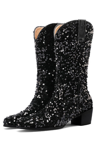 Glitter Svart Mid Calf Paljetter Snip Toe Chunky Heeled Stövlar