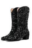 Glitter Svart Mid Calf Paljetter Snip Toe Chunky Heeled Stövlar