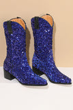 Glitter Svart Mid Calf Paljetter Snip Toe Chunky Heeled Stövlar