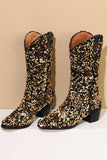 Glitter Svart Mid Calf Paljetter Snip Toe Chunky Heeled Stövlar