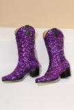 Glitter Svart Mid Calf Paljetter Snip Toe Chunky Heeled Stövlar