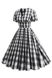 Svart V-ringad Pläd Vintage 1950-talet Klänning