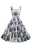 Blå Blommig Tryck Fyrkantig hals 1950-talet vintage klänning