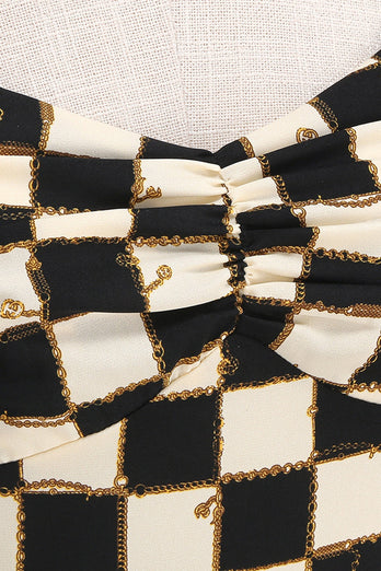 Svart Rutnät Rutig Halter Kort Vintage 1950-talet Klänning
