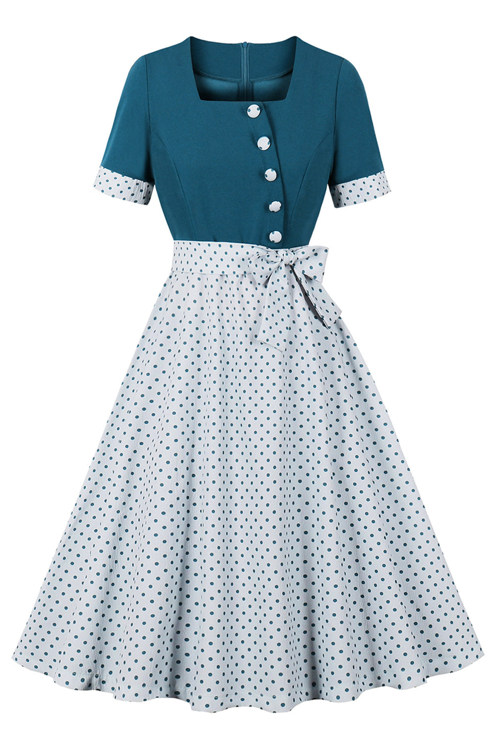 Blå Vit Polka Dots Fyrkantig hals Vintage 1950-talet Klänning