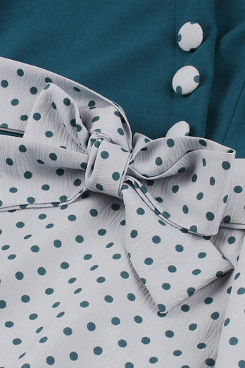 Blå Vit Polka Dots Fyrkantig hals Vintage 1950-talet Klänning