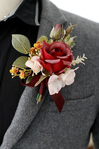 Elegant rouge Prom Wrist Corsage och mäns Boutonniere för bröllopsfest