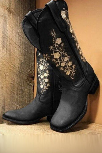 Svarta Broderade Chunky Heel Mid Calf Western Stövlar