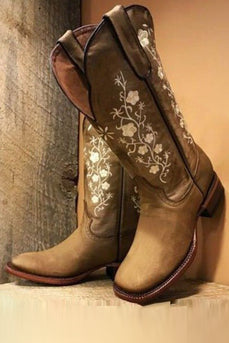 Svarta Broderade Chunky Heel Mid Calf Western Stövlar