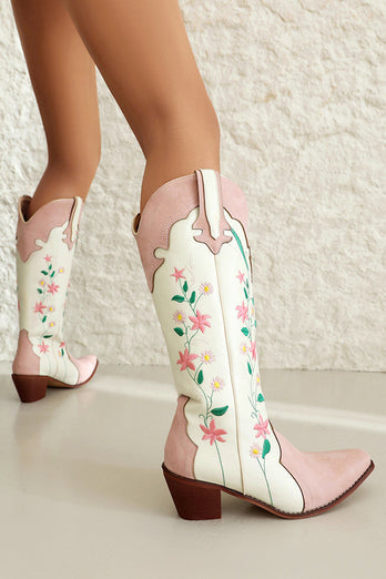 Vit Broderad Knähög Bred Kalv Chunky Heel Cowgirl Stövlar