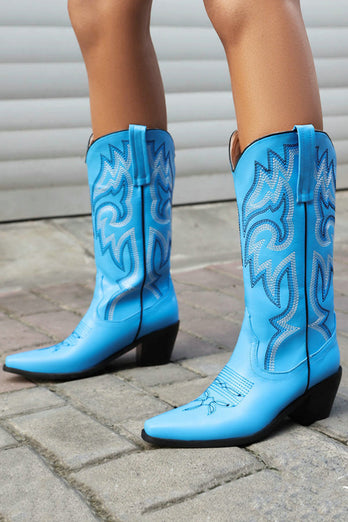 Retro Svart Spetsig Tå Chunky Klack Mid Calf Cowgirl Stövlar