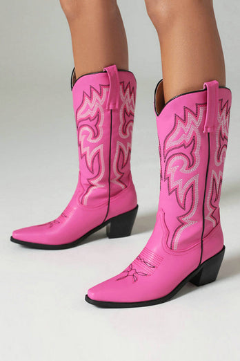 Retro Svart Spetsig Tå Chunky Klack Mid Calf Cowgirl Stövlar