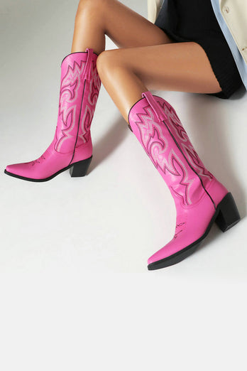 Retro Svart Spetsig Tå Chunky Klack Mid Calf Cowgirl Stövlar