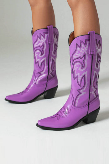 Retro Svart Spetsig Tå Chunky Klack Mid Calf Cowgirl Stövlar