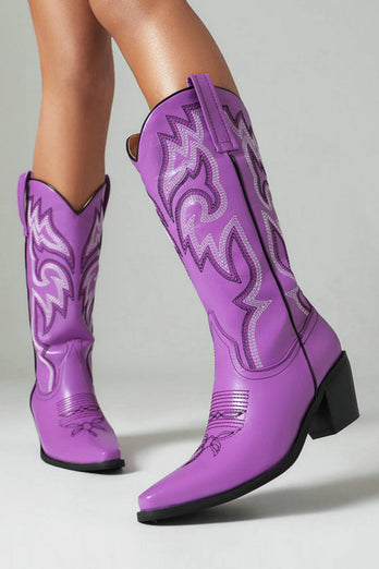 Retro Svart Spetsig Tå Chunky Klack Mid Calf Cowgirl Stövlar