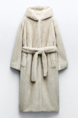 Gråbeige Lång Shearling Päls med Bälte