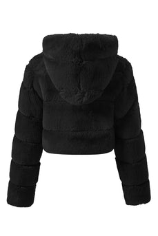 Svart Fluffig Fuskpäls Zip Up Kort Kappa