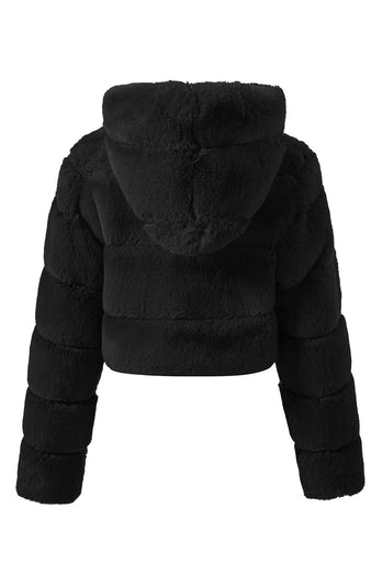 Svart Fluffig Fuskpäls Zip Up Kort Kappa