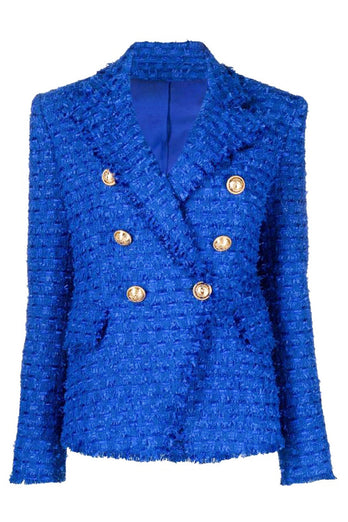 Royal Blue Notched Kavajslag Dubbelknäppt Tweed Dam Kavaj