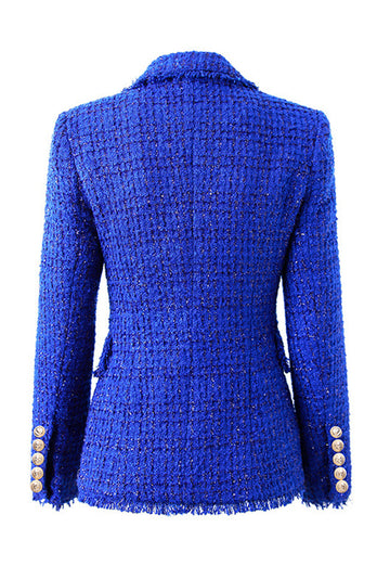 Royal Blue Notched Kavajslag Dubbelknäppt Tweed Dam Kavaj