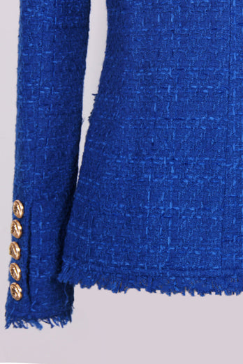 Royal Blue Notched Kavajslag Dubbelknäppt Tweed Dam Kavaj