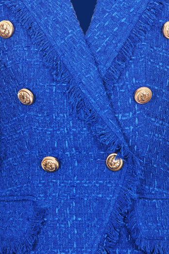 Royal Blue Notched Kavajslag Dubbelknäppt Tweed Dam Kavaj