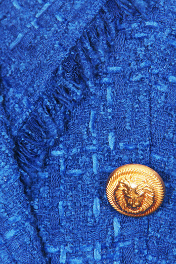 Royal Blue Notched Kavajslag Dubbelknäppt Tweed Dam Kavaj