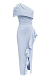 Blå One Shoulder Ruffled Slits Balklänning